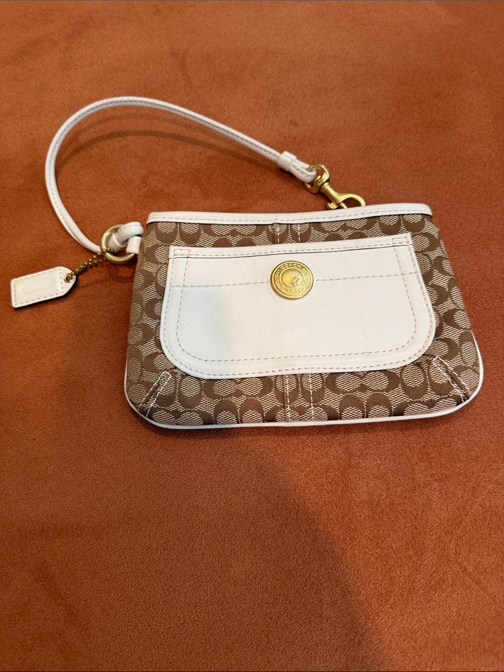 Coach Beige Signature Canvas Wristlet with White Leather Pocket